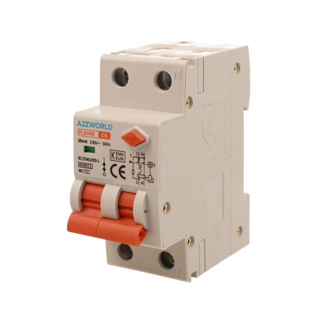 RCBO Doppia Leva, Interruttore Magnetotermico Differenziale Tipo AC Curva C 1P+N 2M 6000A 30mA C6A AC 230V IP20 IEC61009-1 PL8HM