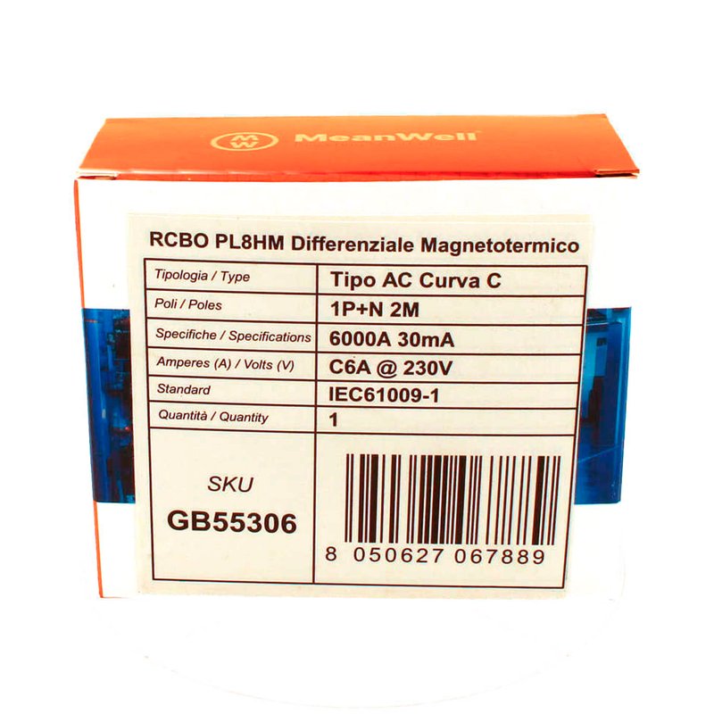 MeanWell RCBO Interruttore Magnetotermico Differenziale Tipo AC Curva C 1P+N 2M 6000A 30mA C6A AC 230V IP20 IEC61009-1