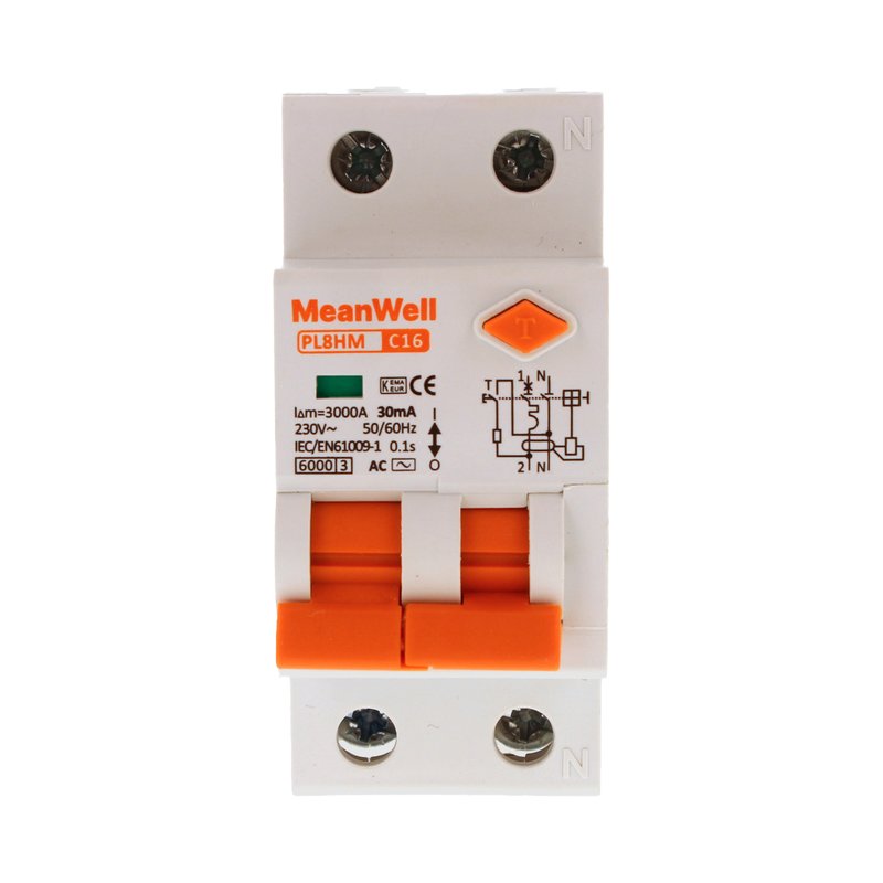 MeanWell RCBO Interruttore Magnetotermico Differenziale Tipo AC Curva C 1P+N 2M 6000A 30mA C16A AC 230V IP20 IEC61009-1
