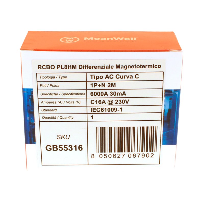 MeanWell RCBO Interruttore Magnetotermico Differenziale Tipo AC Curva C 1P+N 2M 6000A 30mA C16A AC 230V IP20 IEC61009-1