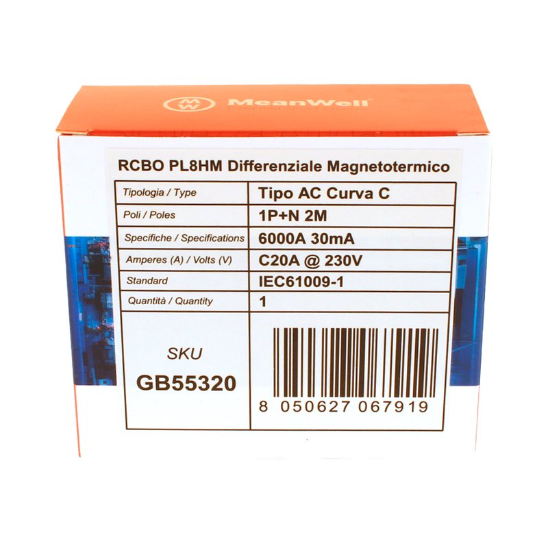 MeanWell RCBO Interruttore Magnetotermico Differenziale Tipo AC Curva C 1P+N 2M 6000A 30mA C20A AC 230V IP20 IEC61009-1
