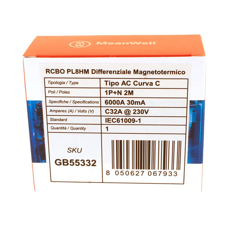 MeanWell RCBO Interruttore Magnetotermico Differenziale Tipo AC Curva C 1P+N 2M 6000A 30mA C32A AC 230V IP20 IEC61009-1
