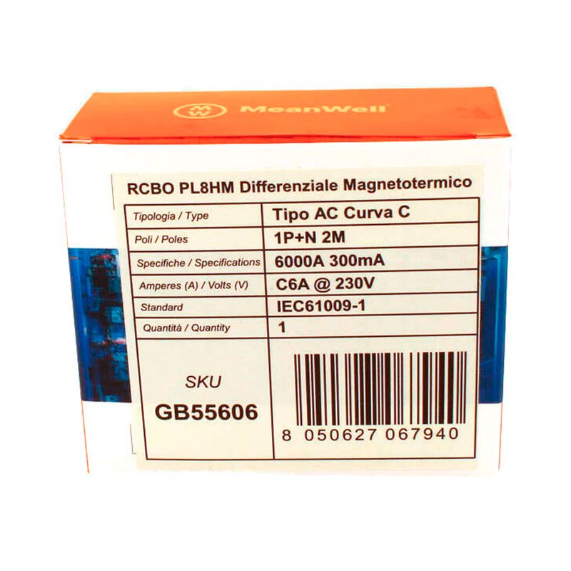 MeanWell RCBO Interruttore Magnetotermico Differenziale Tipo AC Curva C 1P+N 2M 6000A 300mA C6A AC 230V IP20 IEC61009-1