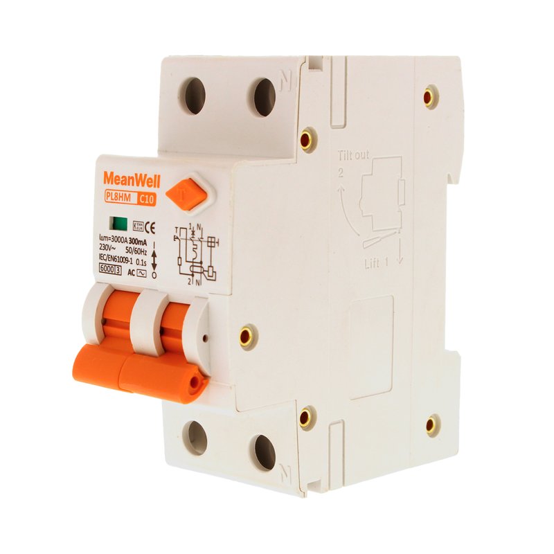 MeanWell RCBO Interruttore Magnetotermico Differenziale Tipo AC Curva C 1P+N 2M 6000A 300mA C10A AC 230V IP20 IEC61009-1