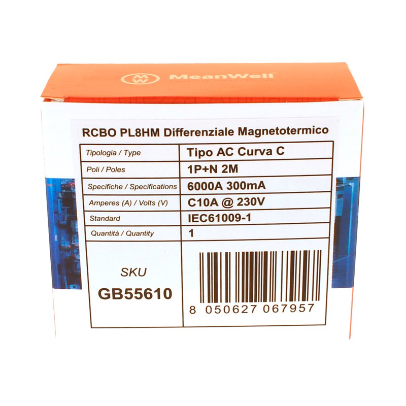 MeanWell RCBO Interruttore Magnetotermico Differenziale Tipo AC Curva C 1P+N 2M 6000A 300mA C10A AC 230V IP20 IEC61009-1