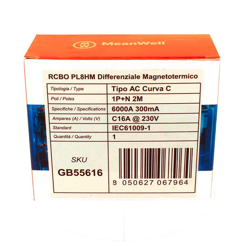 MeanWell RCBO Interruttore Magnetotermico Differenziale Tipo AC Curva C 1P+N 2M 6000A 300mA C16A AC 230V IP20 IEC61009-1