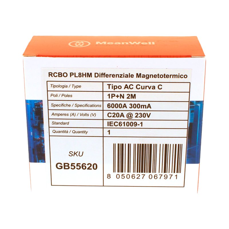 MeanWell RCBO Interruttore Magnetotermico Differenziale Tipo AC Curva C 1P+N 2M 6000A 300mA C20A AC 230V IP20 IEC61009-1