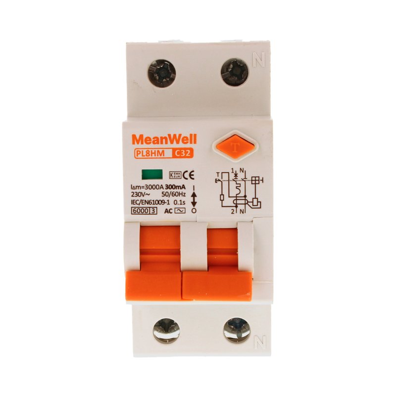 MeanWell RCBO Interruttore Magnetotermico Differenziale Tipo AC Curva C 1P+N 2M 6000A 300mA C32A AC 230V IP20 IEC61009-1