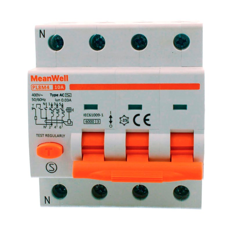 MeanWell RCBO Interruttore Magnetotermico Differenziale Tipo AC Curva C 3P+N 4M 6000A 30mA C10A AC 400V IP20 IEC61009-1