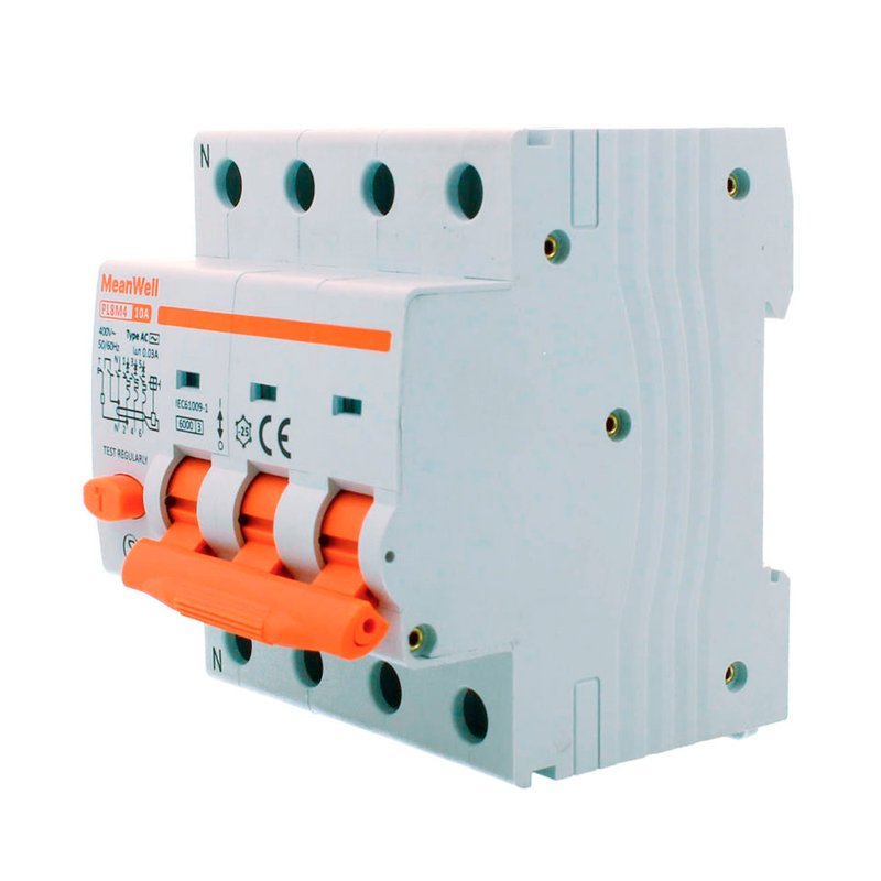 MeanWell RCBO Interruttore Magnetotermico Differenziale Tipo AC Curva C 3P+N 4M 6000A 30mA C10A AC 400V IP20 IEC61009-1