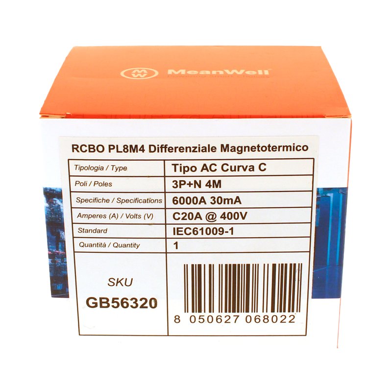 MeanWell RCBO Interruttore Magnetotermico Differenziale Tipo AC Curva C 3P+N 4M 6000A 30mA C20A AC 400V IP20 IEC61009-1