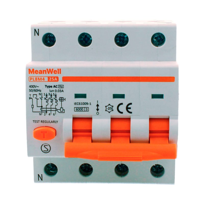 MeanWell RCBO Interruttore Magnetotermico Differenziale Tipo AC Curva C 3P+N 4M 6000A 30mA C25A AC 400V IP20 IEC61009-1