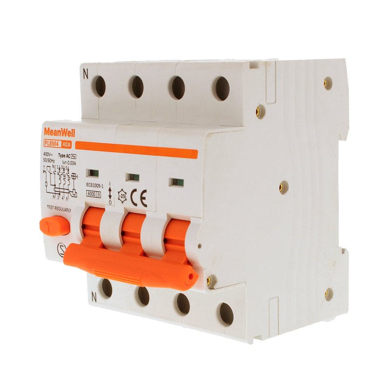 MeanWell RCBO Interruttore Magnetotermico Differenziale Tipo AC Curva C 3P+N 4M 6000A 30mA C40A AC 400V IP20 IEC61009-1