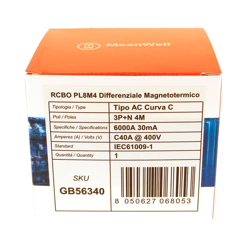 MeanWell RCBO Interruttore Magnetotermico Differenziale Tipo AC Curva C 3P+N 4M 6000A 30mA C40A AC 400V IP20 IEC61009-1