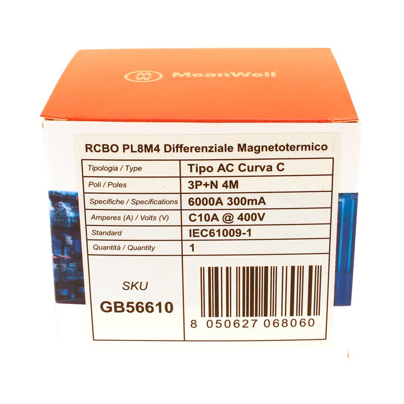 MeanWell RCBO Interruttore Magnetotermico Differenziale Tipo AC Curva C 3P+N 4M 6000A 300mA C10A AC 400V IP20 IEC61009-1