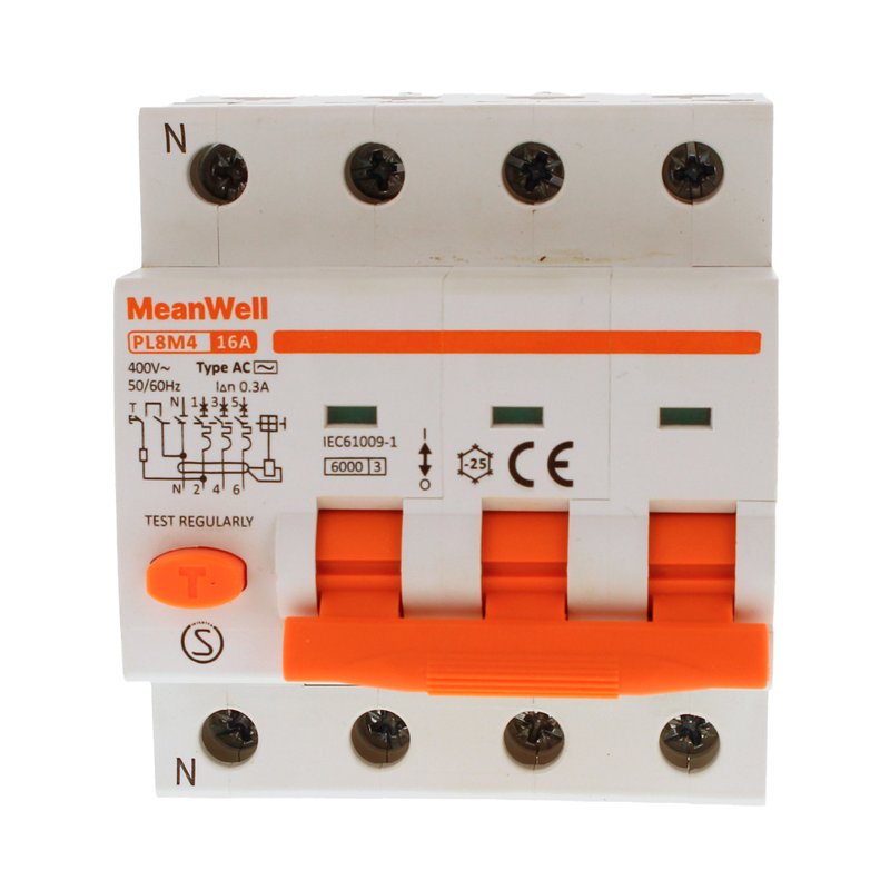 MeanWell RCBO Interruttore Magnetotermico Differenziale Tipo AC Curva C 3P+N 4M 6000A 300mA C16A AC 400V IP20 IEC61009-1