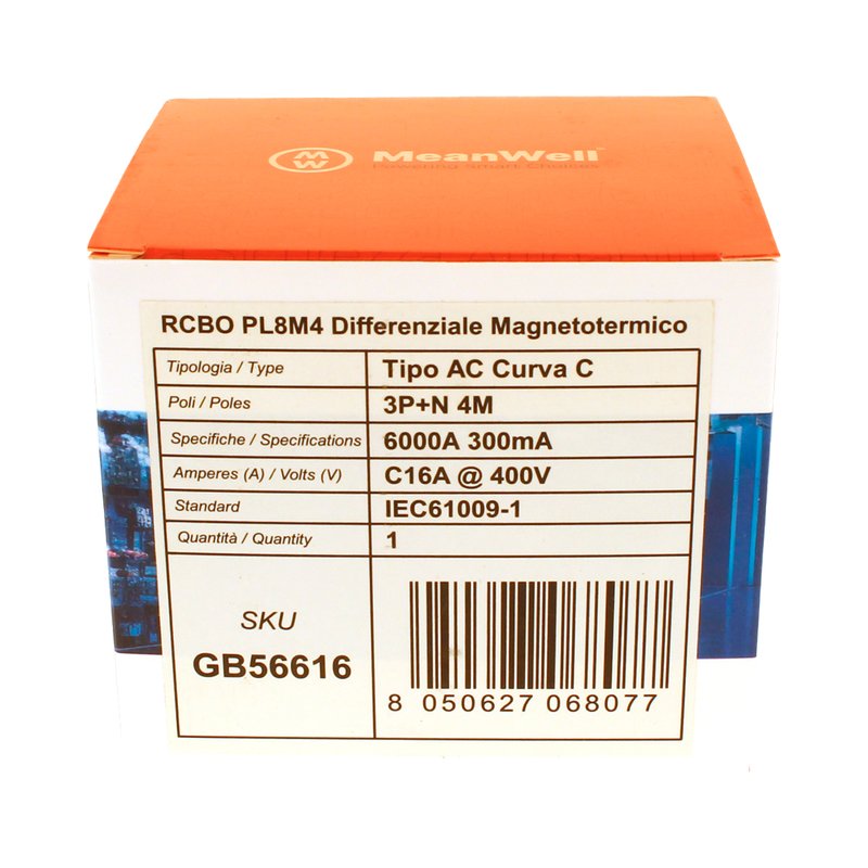 MeanWell RCBO Interruttore Magnetotermico Differenziale Tipo AC Curva C 3P+N 4M 6000A 300mA C16A AC 400V IP20 IEC61009-1