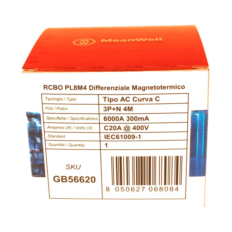 MeanWell RCBO Interruttore Magnetotermico Differenziale Tipo AC Curva C 3P+N 4M 6000A 300mA C20A AC 400V IP20 IEC61009-1