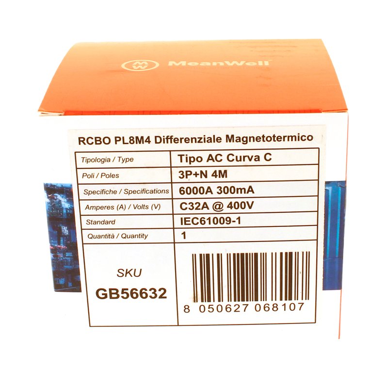 MeanWell RCBO Interruttore Magnetotermico Differenziale Tipo AC Curva C 3P+N 4M 6000A 300mA C32A AC 400V IP20 IEC61009-1