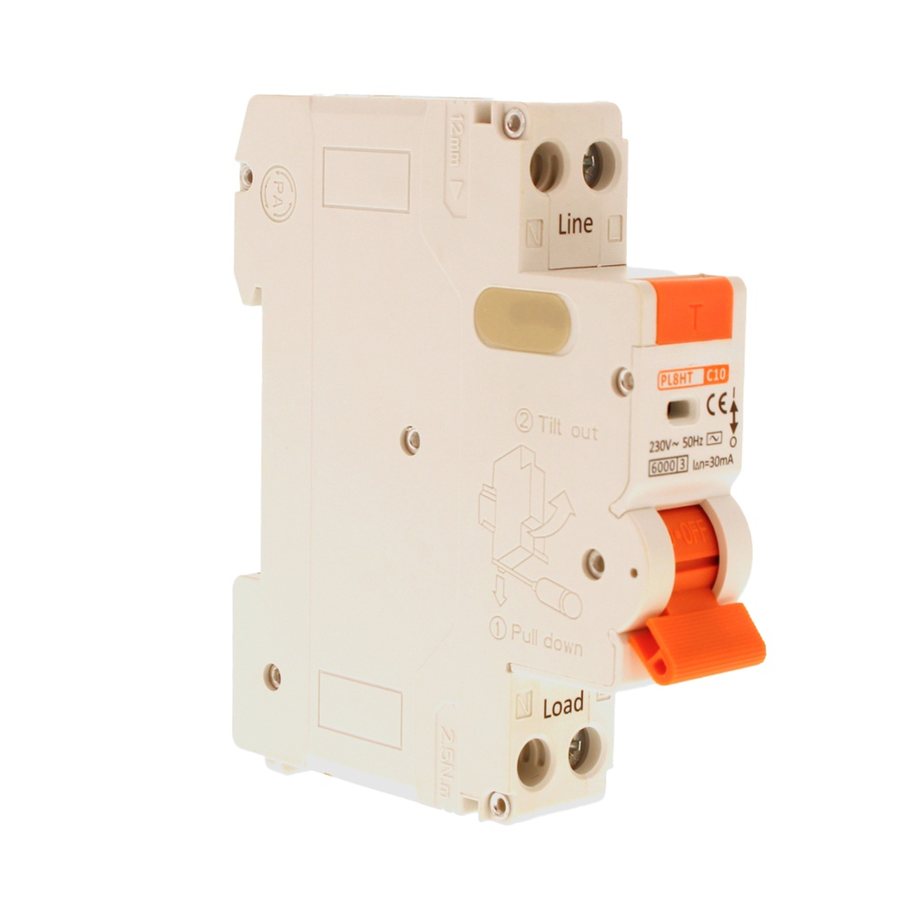 RCBO Interruttore Magnetotermico Differenziale Tipo AC Curva C 1P+N 1M 6000A 30mA C10A AC 230V IP20 IEC61009-1