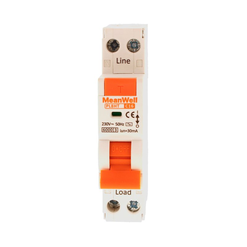 MeanWell RCBO Interruttore Magnetotermico Differenziale Tipo AC Curva C 1P+N 1M 6000A 30mA C16A AC 230V IP20 IEC61009-1