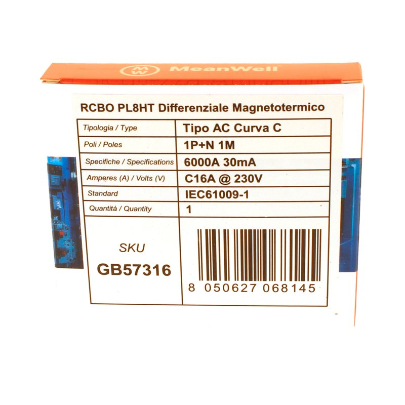 MeanWell RCBO Interruttore Magnetotermico Differenziale Tipo AC Curva C 1P+N 1M 6000A 30mA C16A AC 230V IP20 IEC61009-1