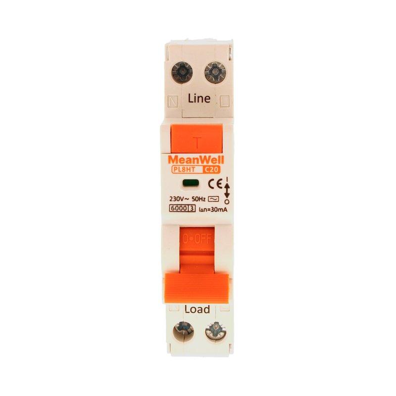 MeanWell RCBO Interruttore Magnetotermico Differenziale Tipo AC Curva C 1P+N 1M 6000A 30mA C20A AC 230V IP20 IEC61009-1