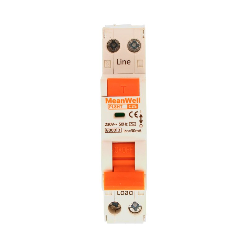 MeanWell RCBO Interruttore Magnetotermico Differenziale Tipo AC Curva C 1P+N 1M 6000A 30mA C25A AC 230V IP20 IEC61009-1