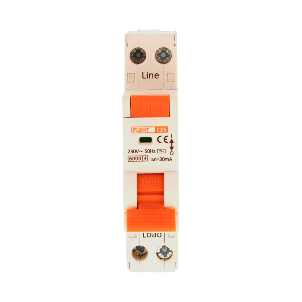 RCBO Interruttore Magnetotermico Differenziale Tipo AC Curva C 1P+N 1M 6000A 30mA C25A AC 230V IP20 IEC61009-1