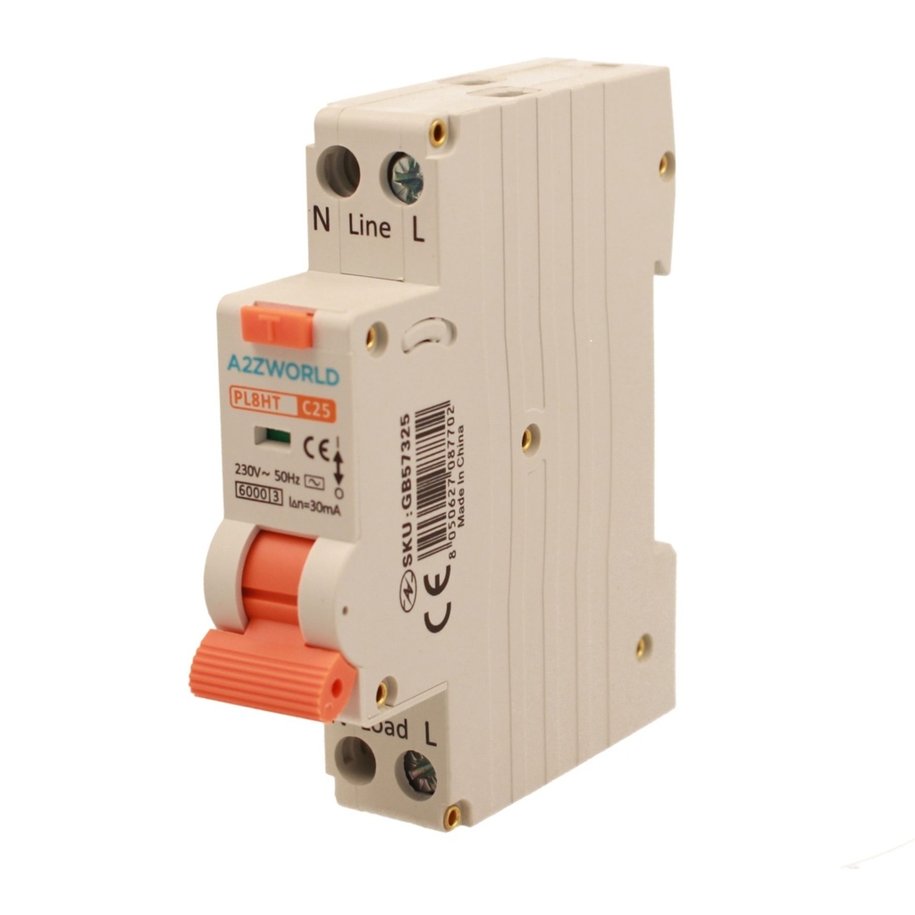 RCBO Interruttore Magnetotermico Differenziale Tipo AC Curva C 1P+N 1M 6000A 30mA C25A AC 230V IP20 IEC61009-1 PL8HT