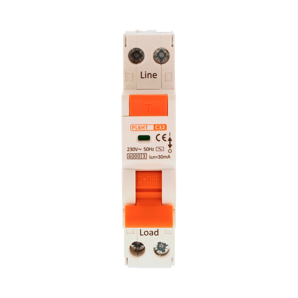 RCBO Interruttore Magnetotermico Differenziale Tipo AC Curva C 1P+N 1M 6000A 30mA C32A AC 230V IP20 IEC61009-1