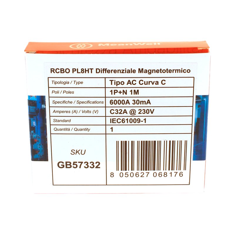 MeanWell RCBO Interruttore Magnetotermico Differenziale Tipo AC Curva C 1P+N 1M 6000A 30mA C32A AC 230V IP20 IEC61009-1