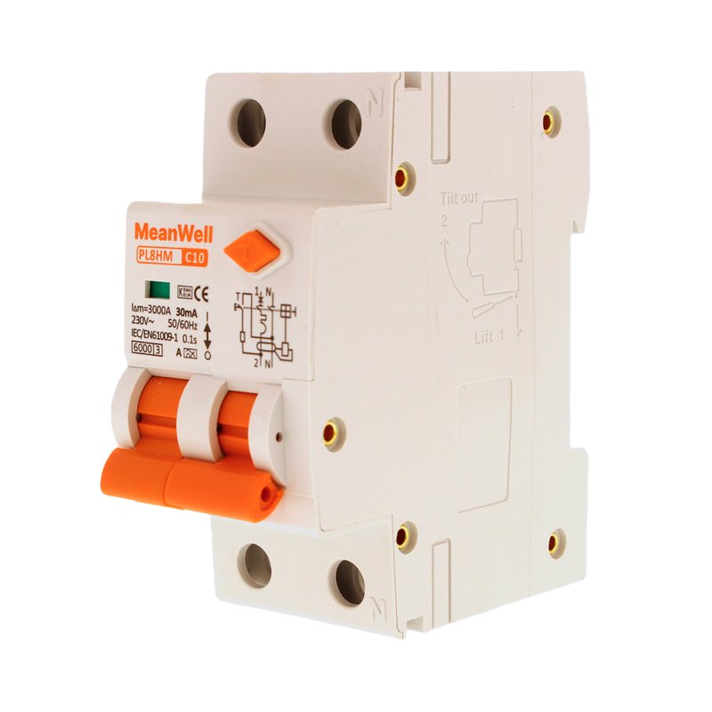 MeanWell RCBO Interruttore Magnetotermico Differenziale Tipo A Curva C 1P+N 2M 6000A 30mA C10A AC 230V IP20 IEC61009-1