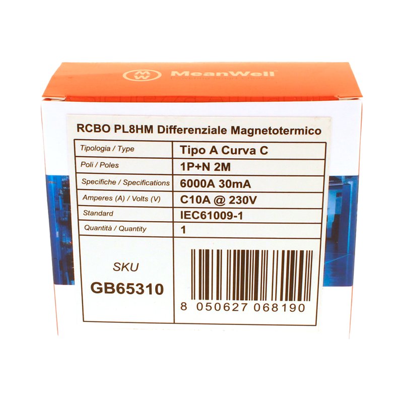 MeanWell RCBO Interruttore Magnetotermico Differenziale Tipo A Curva C 1P+N 2M 6000A 30mA C10A AC 230V IP20 IEC61009-1