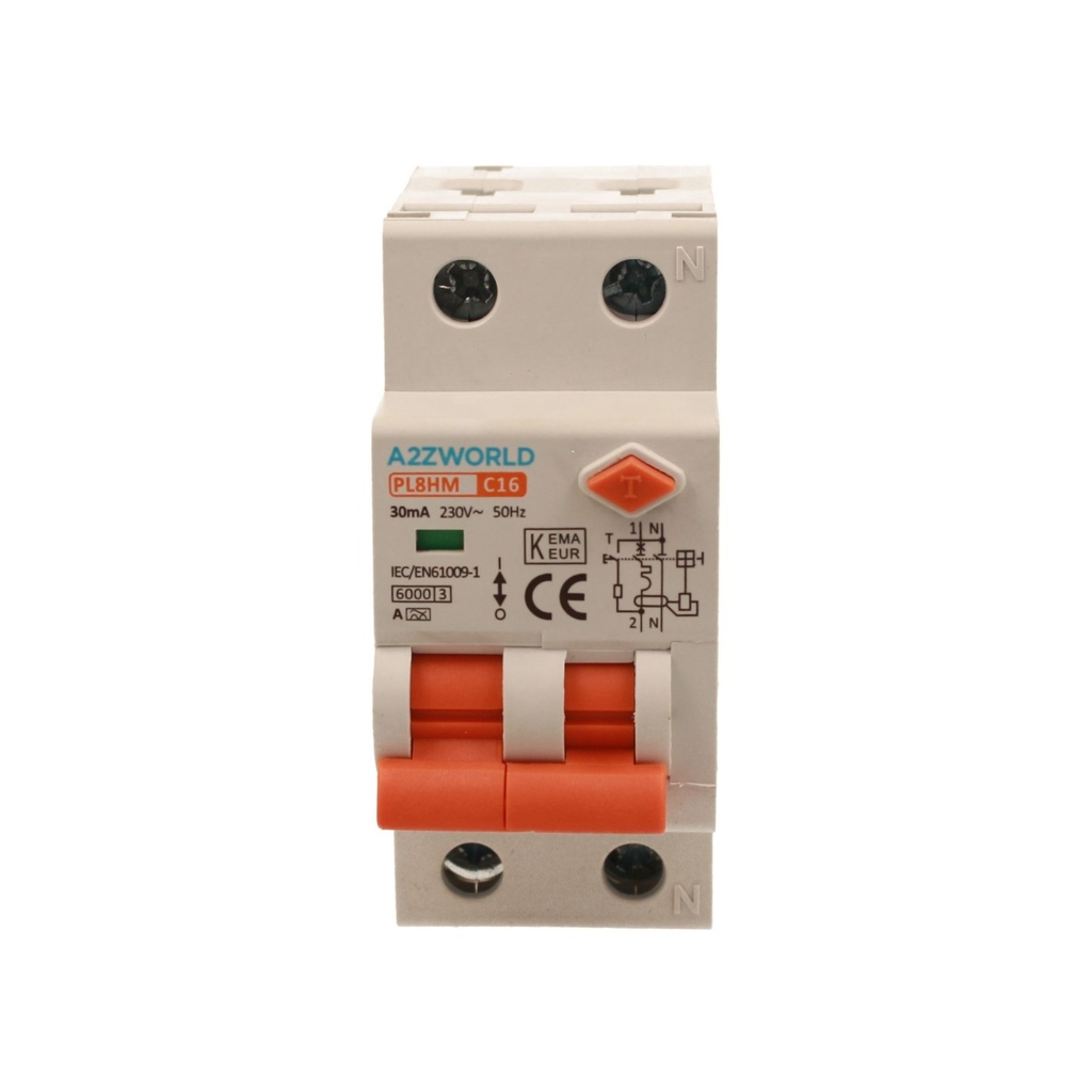RCBO Interruttore Magnetotermico Differenziale Tipo A Curva C 1P+N 2M 6000A 30mA C16A AC 230V IP20 IEC61009-1