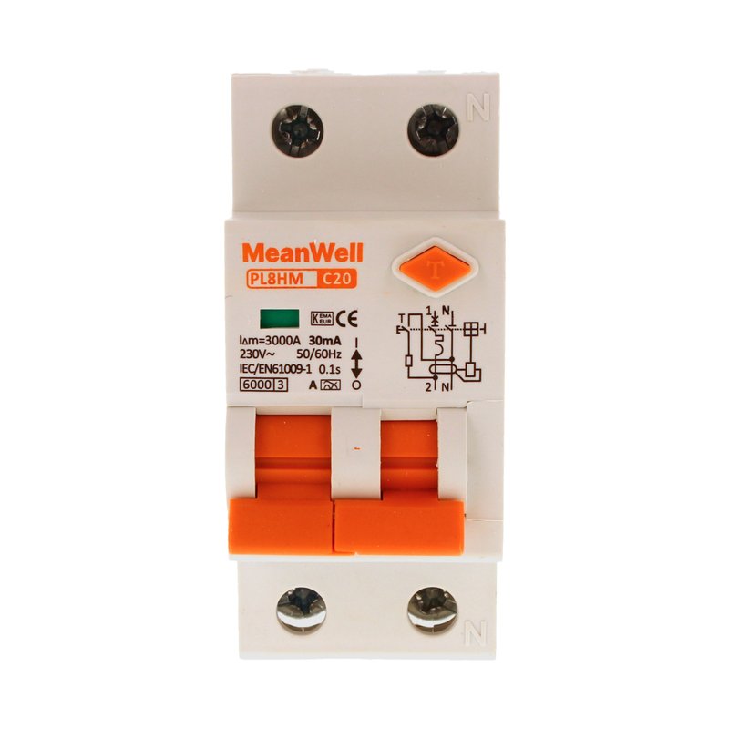 MeanWell RCBO Interruttore Magnetotermico Differenziale Tipo A Curva C 1P+N 2M 6000A 30mA C20A AC 230V IP20 IEC61009-1