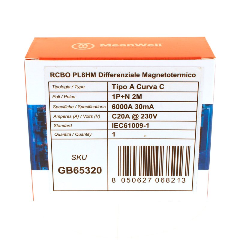MeanWell RCBO Interruttore Magnetotermico Differenziale Tipo A Curva C 1P+N 2M 6000A 30mA C20A AC 230V IP20 IEC61009-1