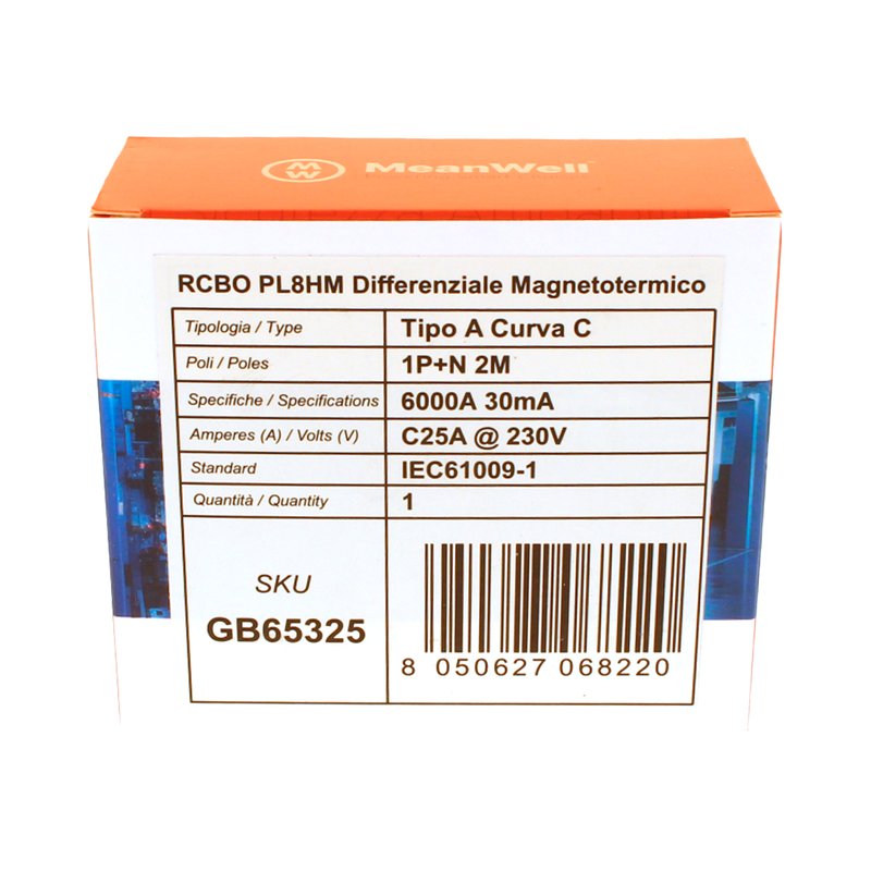 MeanWell RCBO Interruttore Magnetotermico Differenziale Tipo A Curva C 1P+N 2M 6000A 30mA C25A AC 230V IP20 IEC61009-1