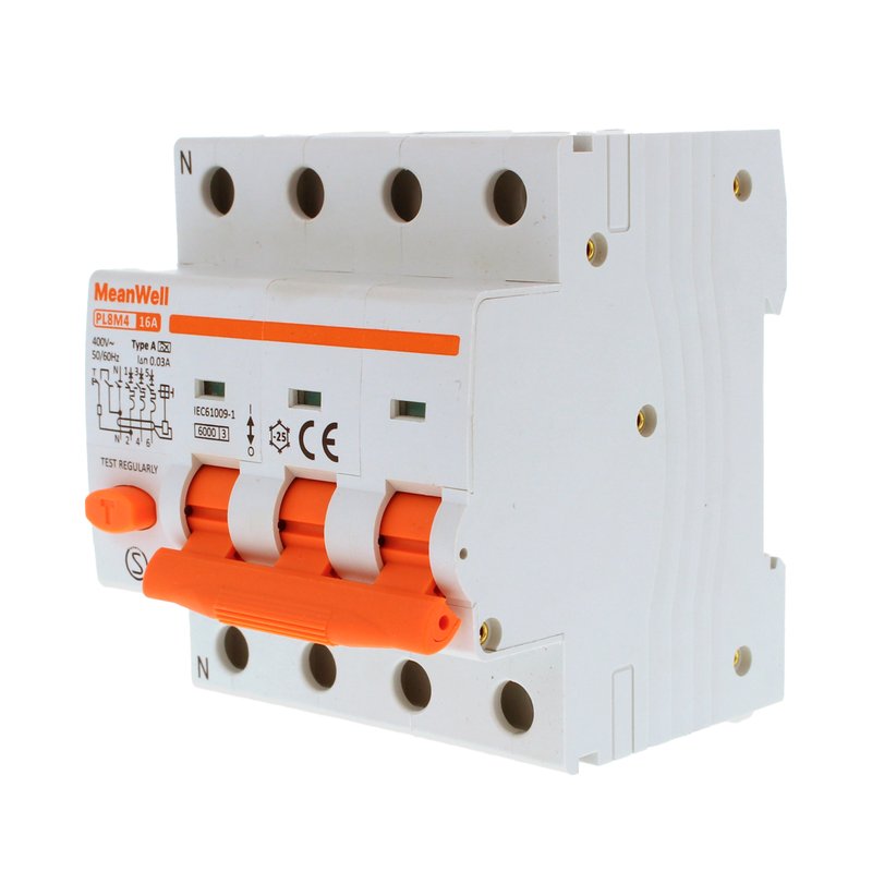 MeanWell RCBO Interruttore Magnetotermico Differenziale Tipo A Curva C 3P+N 4M 6000A 30mA C16A AC 400V IP20 IEC61009-1
