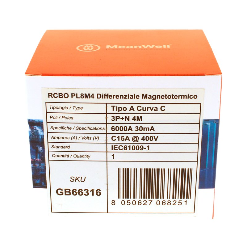 MeanWell RCBO Interruttore Magnetotermico Differenziale Tipo A Curva C 3P+N 4M 6000A 30mA C16A AC 400V IP20 IEC61009-1
