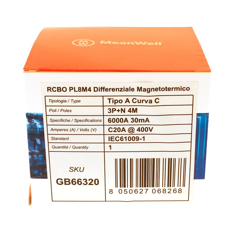 MeanWell RCBO Interruttore Magnetotermico Differenziale Tipo A Curva C 3P+N 4M 6000A 30mA C20A AC 400V IP20 IEC61009-1