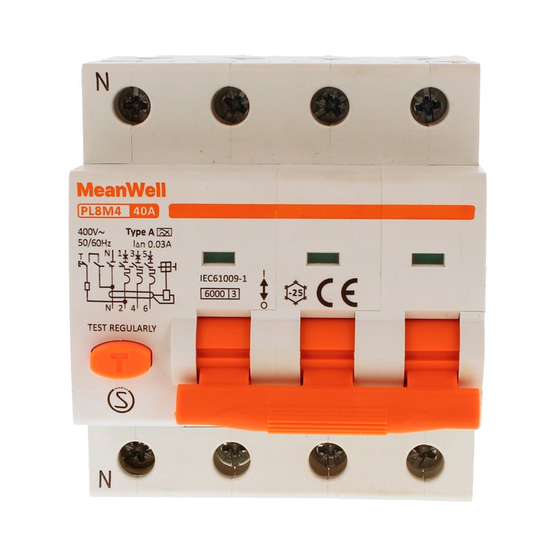 MeanWell RCBO Interruttore Magnetotermico Differenziale Tipo A Curva C 3P+N 4M 6000A 30mA C40A AC 400V IP20 IEC61009-1