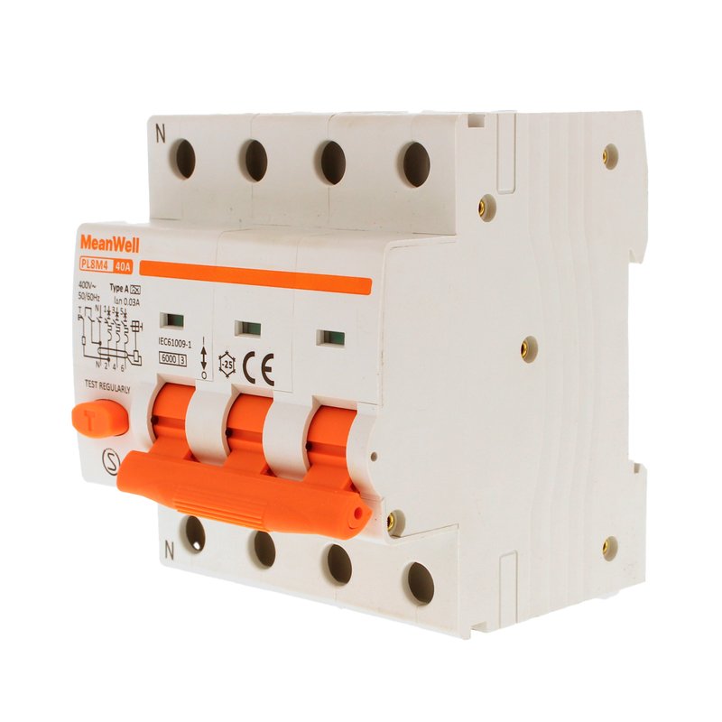 MeanWell RCBO Interruttore Magnetotermico Differenziale Tipo A Curva C 3P+N 4M 6000A 30mA C40A AC 400V IP20 IEC61009-1