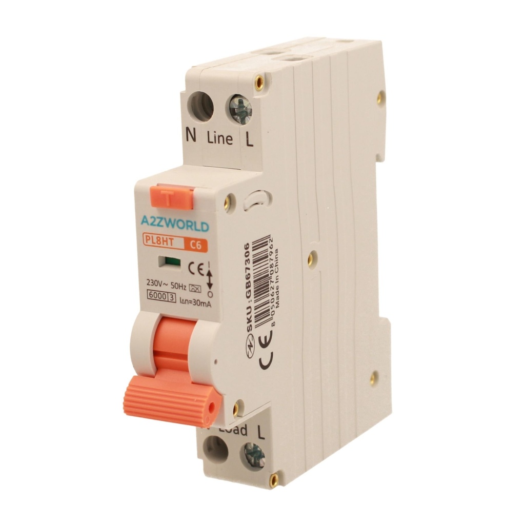 RCBO Interruttore Magnetotermico Differenziale Tipo A Curva C 1P+N 1M 6000A 30mA C6A AC 230V IP20 IEC61009-1 PL8HT GB57306