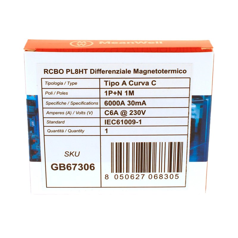 MeanWell RCBO Interruttore Magnetotermico Differenziale Tipo A Curva C 1P+N 1M 6000A 30mA C6A AC 230V IP20 IEC61009-1