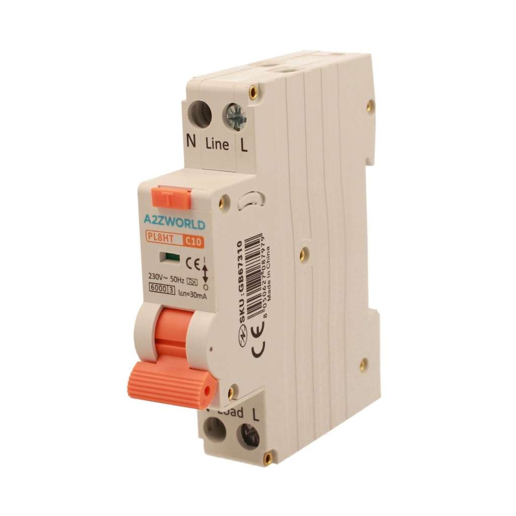 RCBO Interruttore Magnetotermico Differenziale Tipo A Curva C 1P+N 1M 6000A 30mA C10A AC 230V IP20 IEC61009-1 PL8HT GB57310