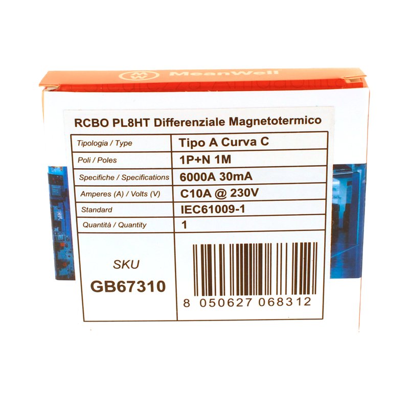 MeanWell RCBO Interruttore Magnetotermico Differenziale Tipo A Curva C 1P+N 1M 6000A 30mA C10A AC 230V IP20 IEC61009-1