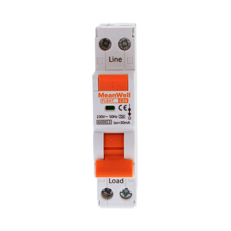 MeanWell RCBO Interruttore Magnetotermico Differenziale Tipo A Curva C 1P+N 1M 6000A 30mA C20A AC 230V IP20 IEC61009-1