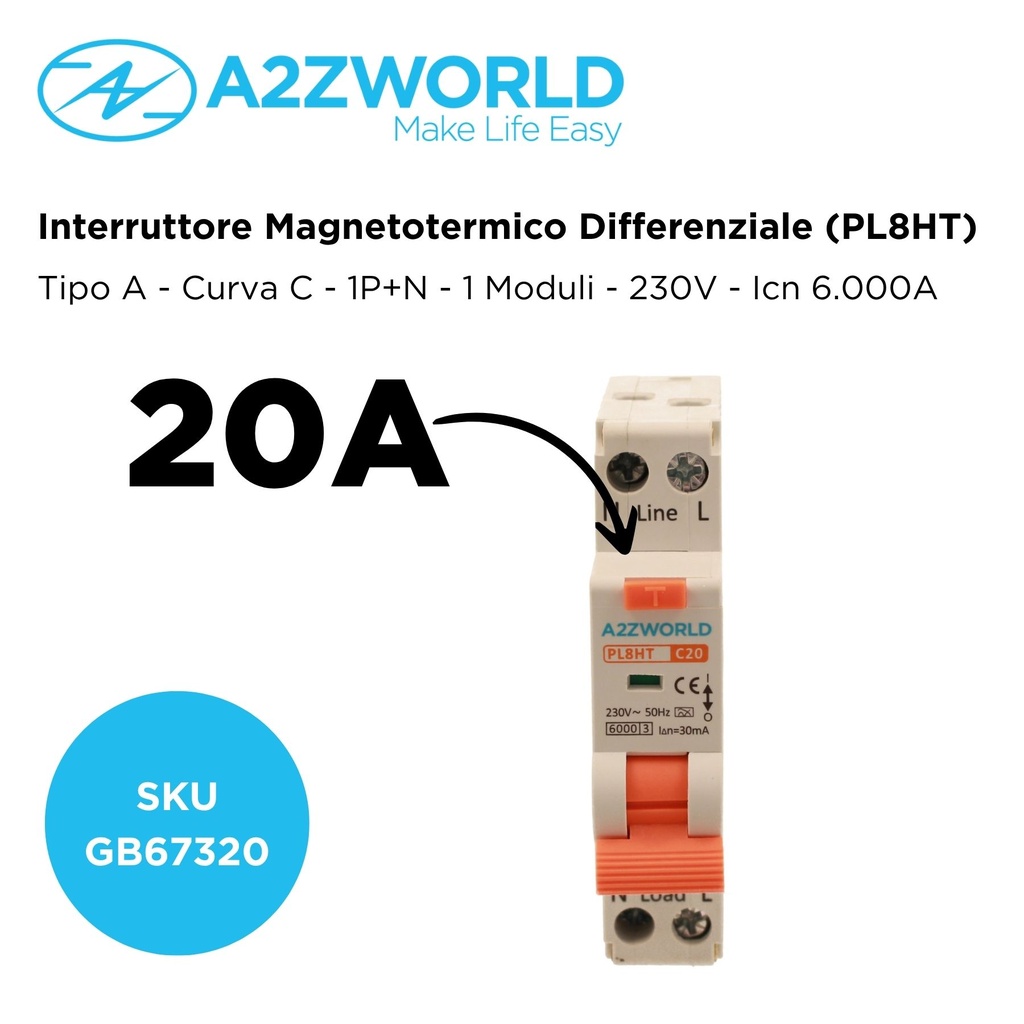 RCBO Interruttore Magnetotermico Differenziale Tipo A Curva C 1P+N 1M 6000A 30mA C20A AC 230V IP20 IEC61009-1 PL8HT GB57320