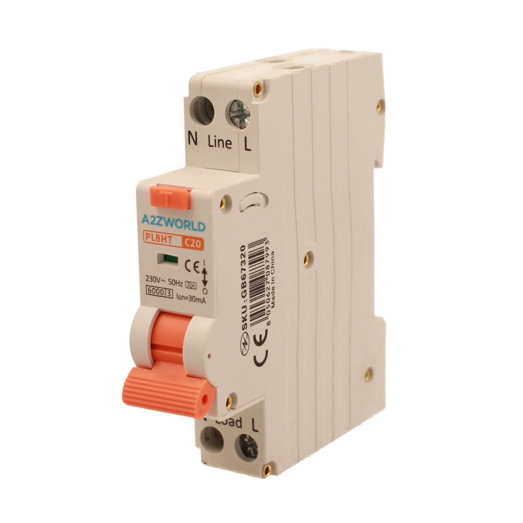 RCBO Interruttore Magnetotermico Differenziale Tipo A Curva C 1P+N 1M 6000A 30mA C20A AC 230V IP20 IEC61009-1 PL8HT GB57320